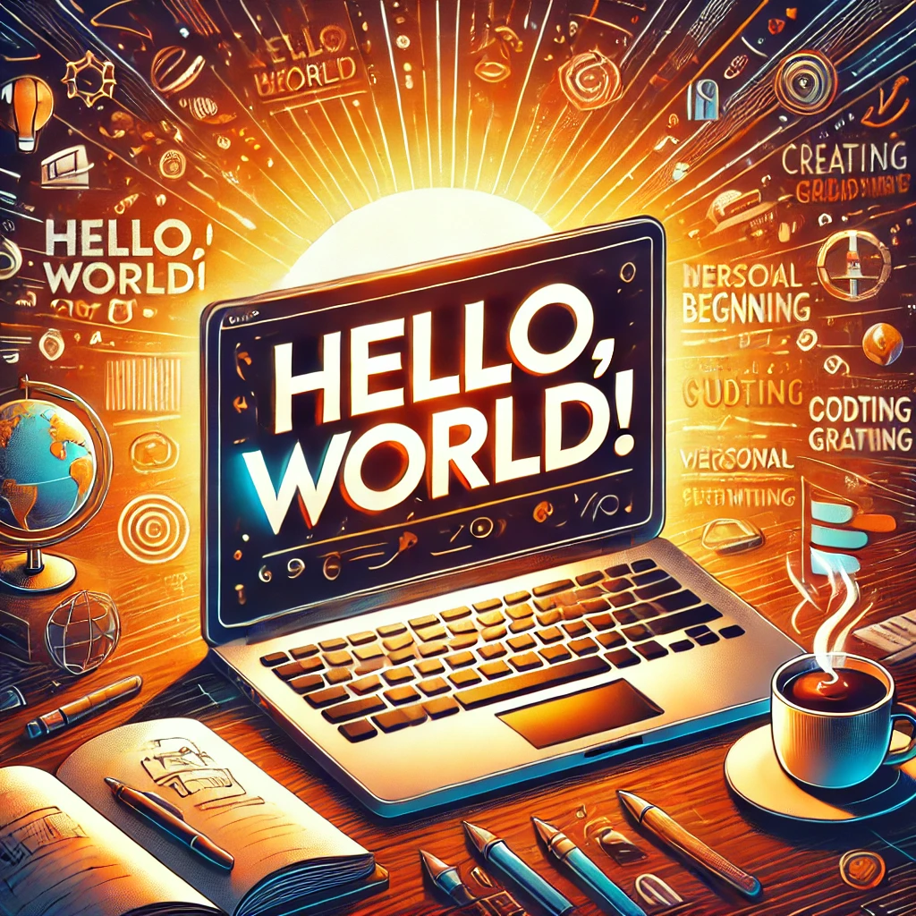 A digital-themed image featuring a glowing screen displaying the text "Hello, World!" surrounded by elements like a keyboard, code snippets, and creative writing tools, symbolizing new beginnings in technology, writing, and personal growth.