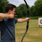 Young archer aiming a recurve bow outdoors, with focused stance and bullseye target in the background under sunny skies.