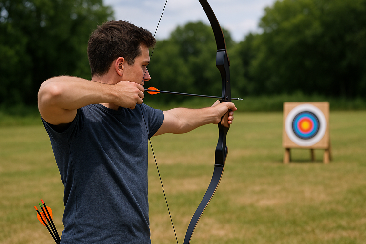 Young archer aiming a recurve bow outdoors, with focused stance and bullseye target in the background under sunny skies.