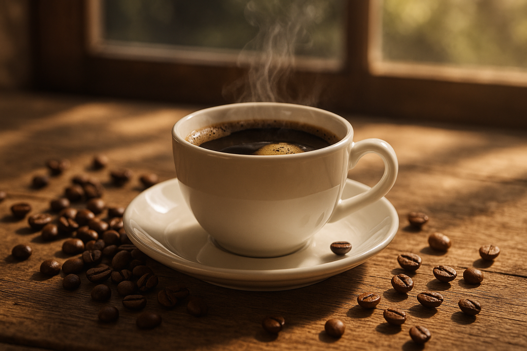 photo-realistic image of a steaming cup of coffee on a rustic wooden table, with coffee beans scattered around, sunlight softly streaming through a window in the background.