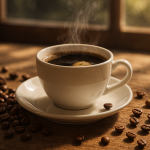 photo-realistic image of a steaming cup of coffee on a rustic wooden table, with coffee beans scattered around, sunlight softly streaming through a window in the background.
