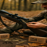 “A modern hunter seated in a forest clearing loads rifle cartridges into a bolt-action hunting rifle. True Shot Ammo boxes lie open beside him on the ground, surrounded by early autumn leaves and visible deer tracks in the soil.”