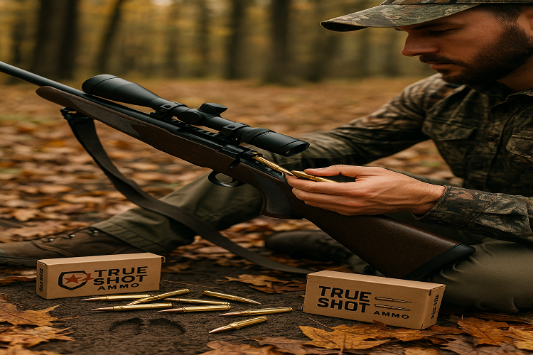 “A modern hunter seated in a forest clearing loads rifle cartridges into a bolt-action hunting rifle. True Shot Ammo boxes lie open beside him on the ground, surrounded by early autumn leaves and visible deer tracks in the soil.”