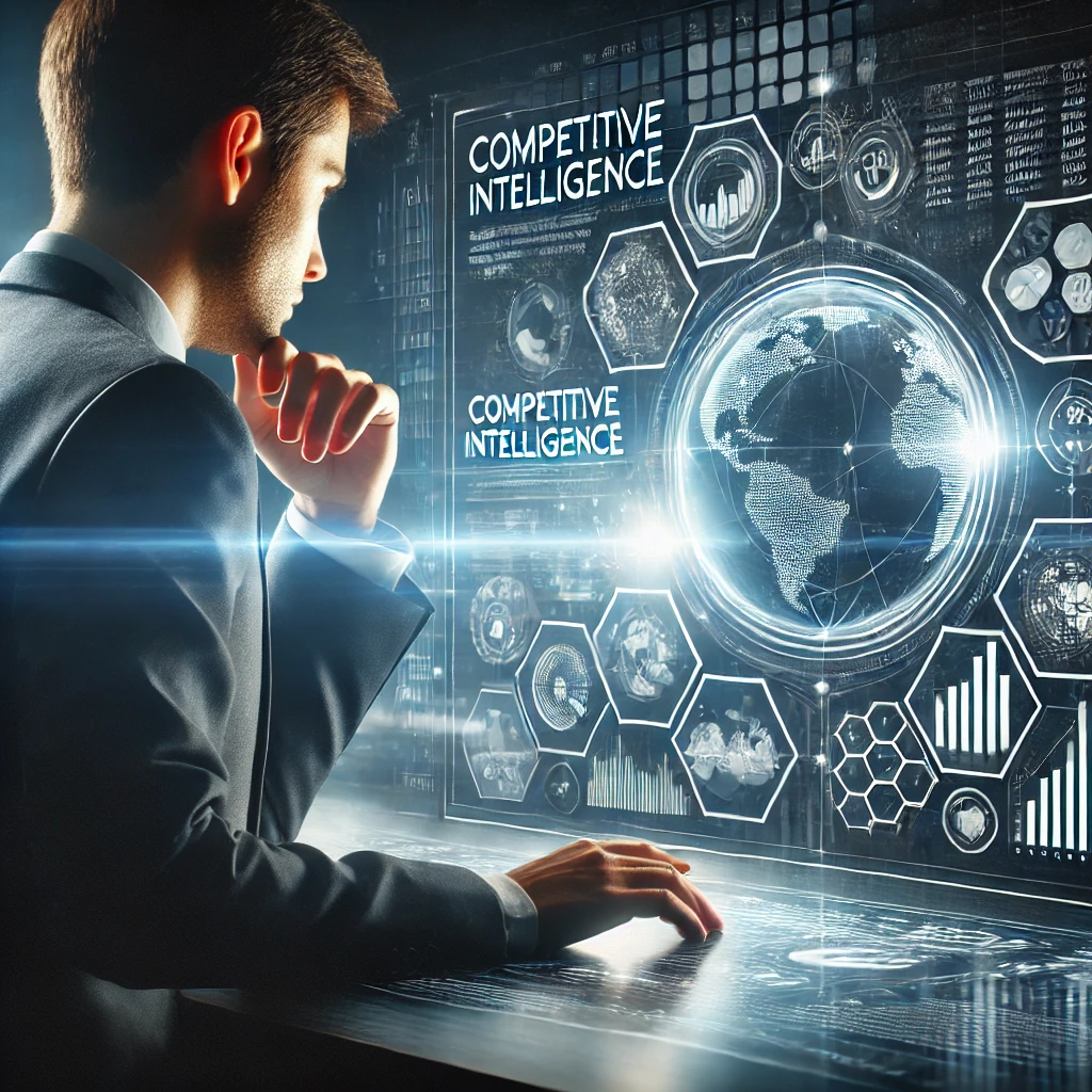 A business professional analyzing market data on a futuristic digital screen, representing competitive intelligence in a modern, high-tech world.