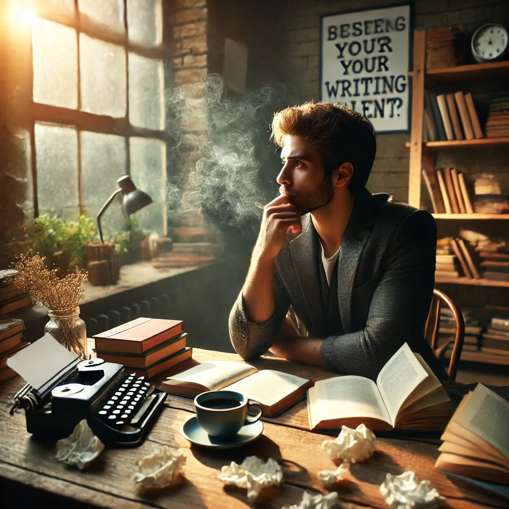 A thoughtful writer sitting at a desk, surrounded by scattered notes, books, and a steaming cup of coffee, reflecting on their writing journey, symbolizing the struggle between talent and hard work.