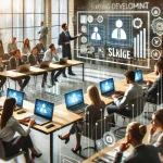 A diverse group of professionals participating in an online learning session, using laptops in a modern workspace to enhance skills development and workforce training.