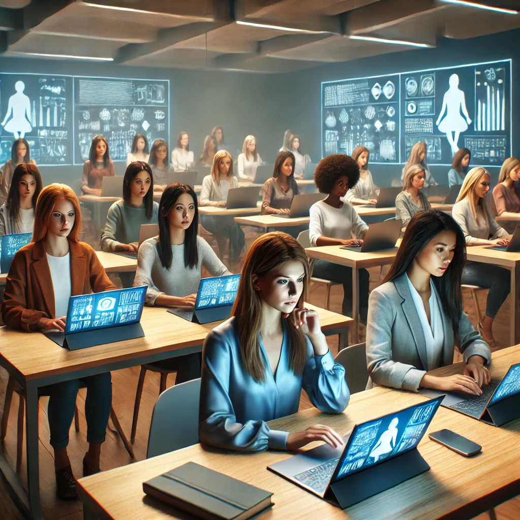 A diverse group of women engaged in an online learning session using laptops and tablets, symbolizing empowerment through digital education.