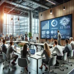 A diverse group of professionals participating in a collaborative learning session at a modern workplace, engaging with educational content displayed on a large screen.