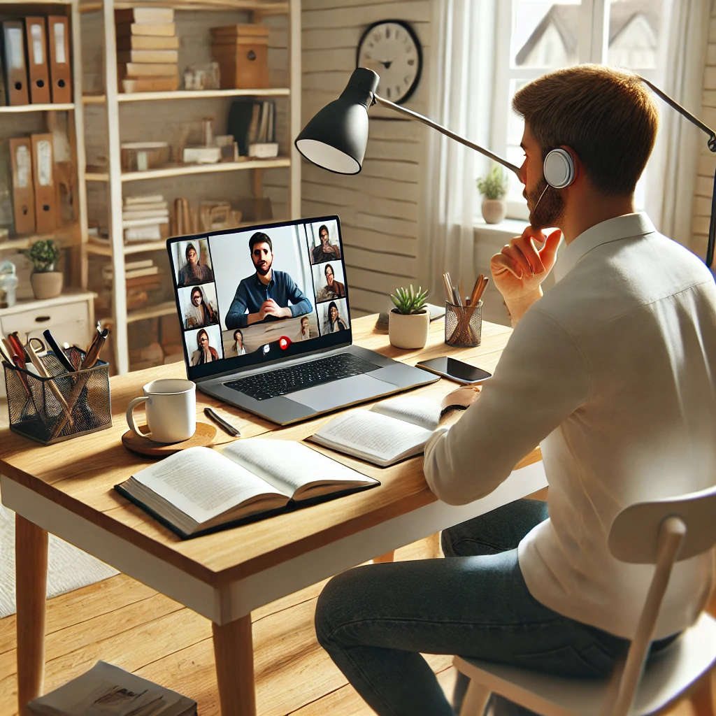 A teacher delivering an online class from a well-organized home office, engaging with students via video call on a laptop.