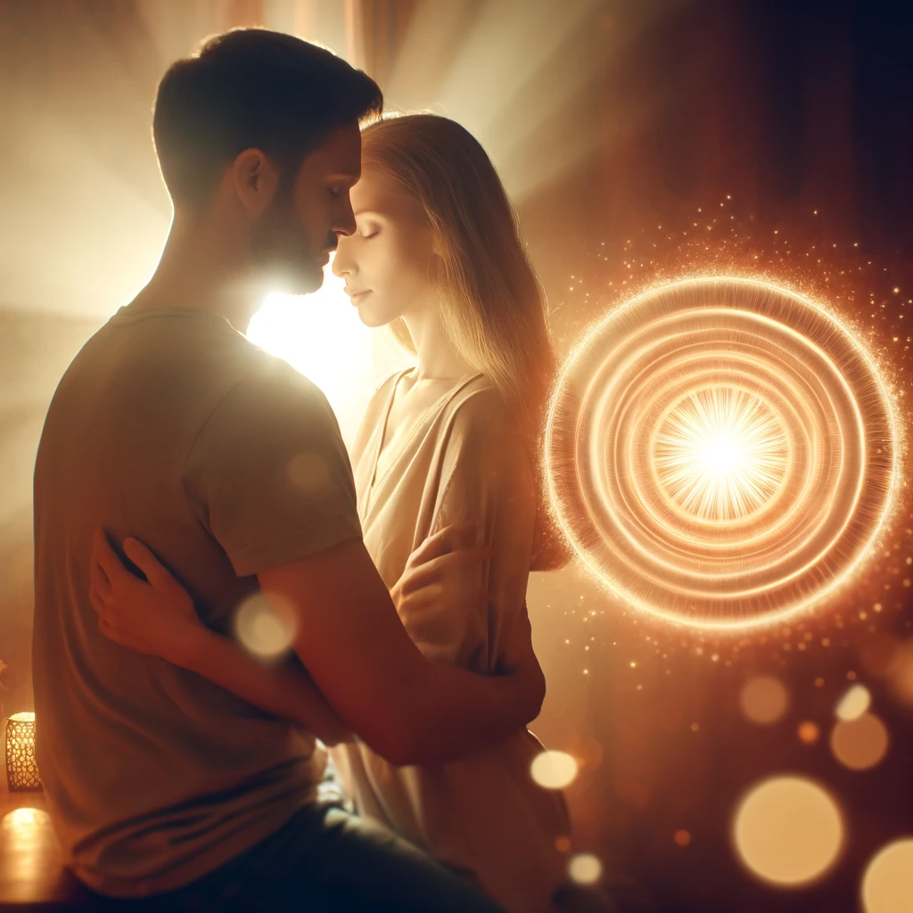 A couple embracing intimately, surrounded by soft, glowing light, symbolizing the power of hypnosis in enhancing pleasure and connection.