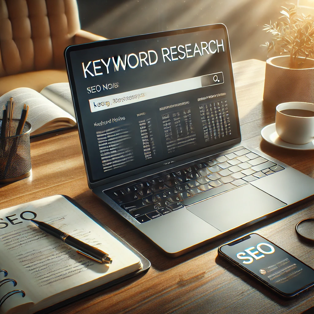 A laptop screen displaying keyword research data, surrounded by a notebook, coffee cup, and smartphone, symbolizing the importance of using the right keywords for high search rankings.