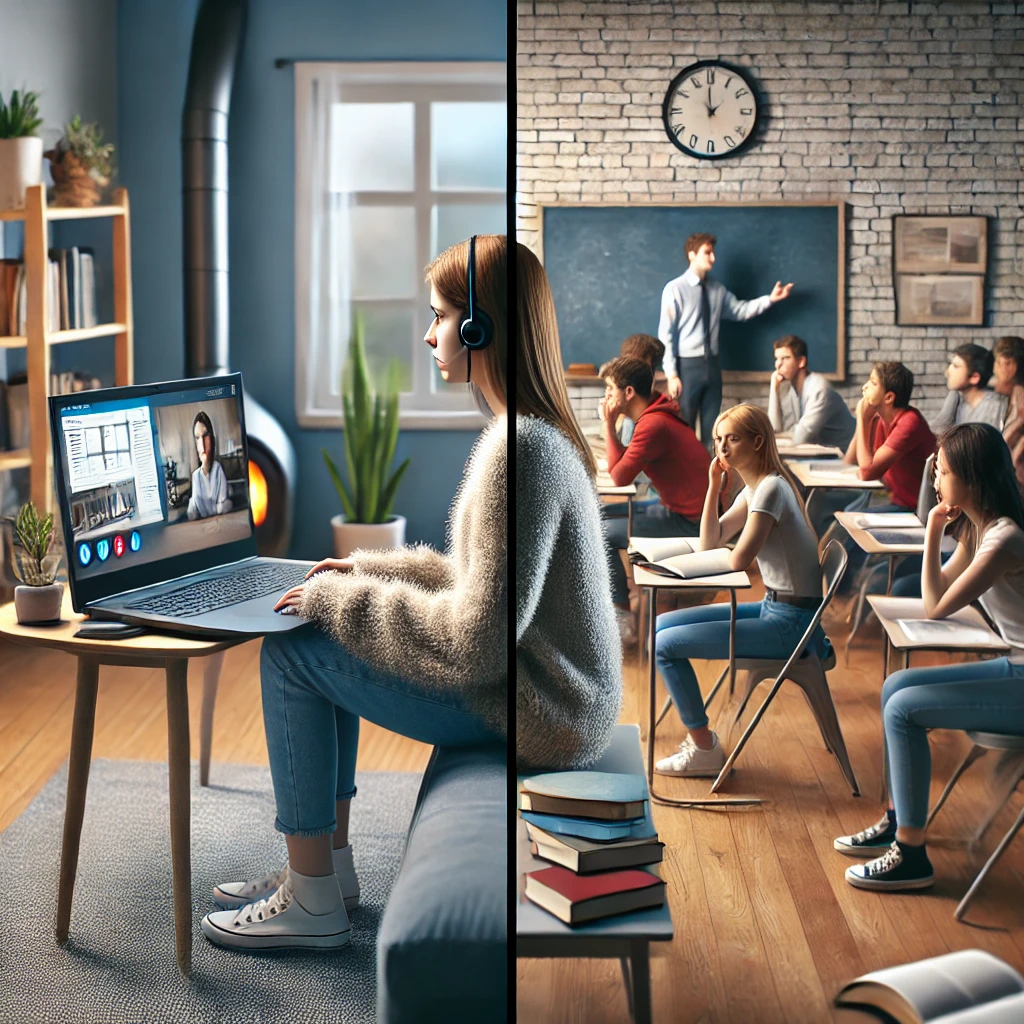 A split-screen image depicting a student engaged in online learning at home on one side and another student participating in a classroom discussion on the other.