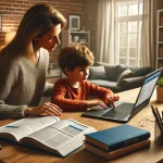 A parent helping their child with virtual learning at home, using a laptop and books in a well-lit, organized study area.