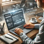 A professional engaging in an online certification course in a modern workspace, highlighting the role of e-learning in career advancement.