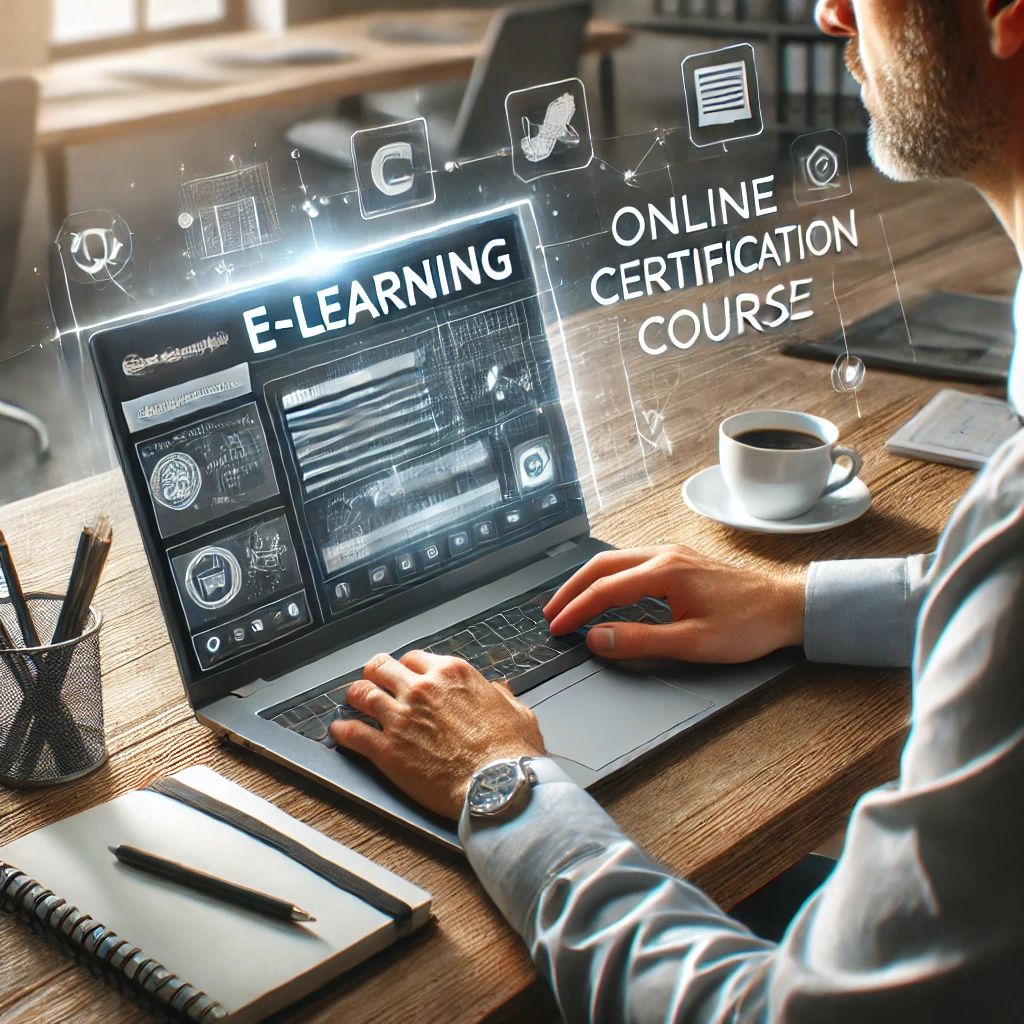 A professional engaging in an online certification course in a modern workspace, highlighting the role of e-learning in career advancement.