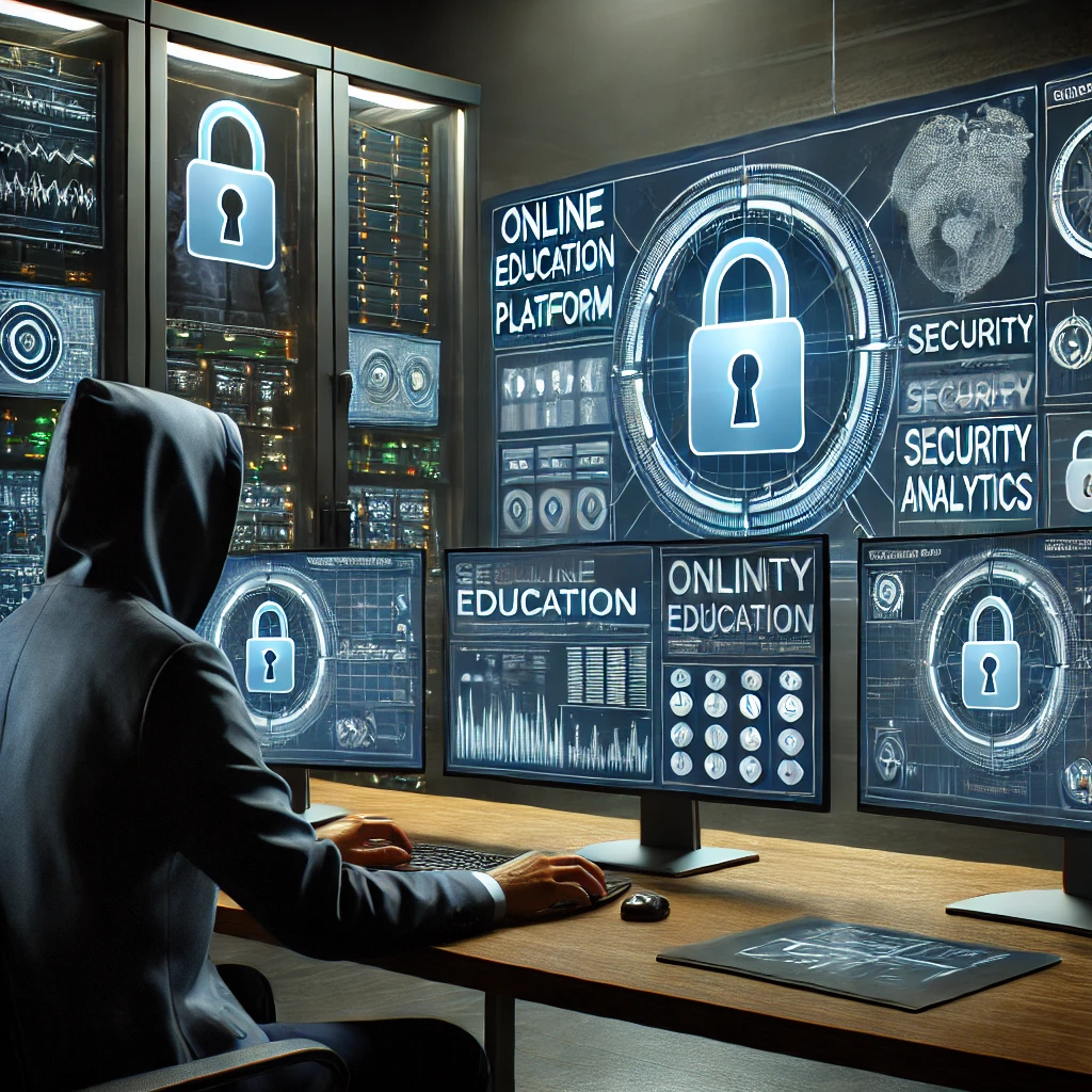 A cybersecurity expert analyzing security data on multiple monitors, ensuring data protection for an online education platform.