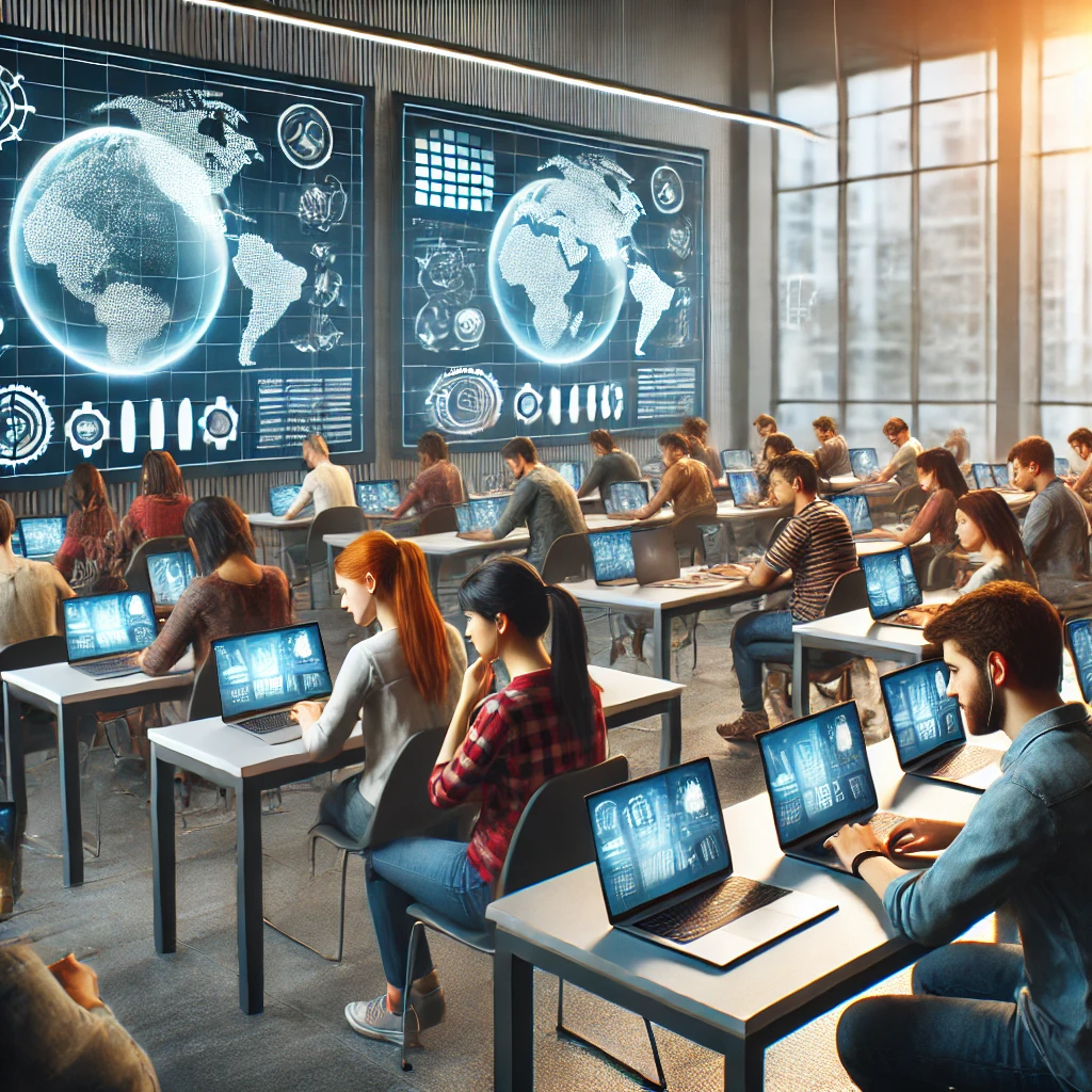 A diverse group of students engaged in a MOOC, using laptops and tablets in a modern virtual learning environment with educational content displayed on screens.