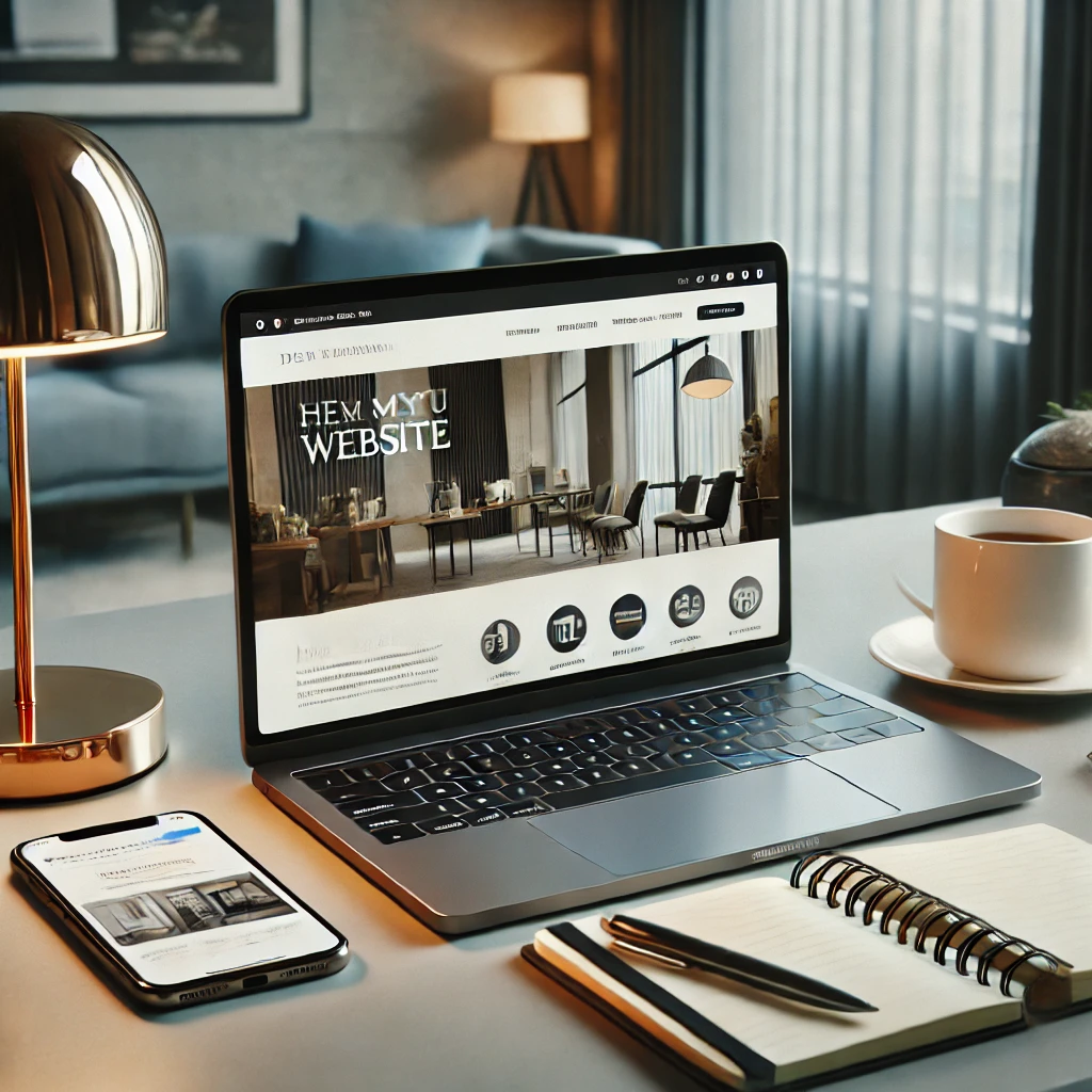 A professional workspace with a laptop displaying a modern website design, surrounded by a notebook, coffee cup, and smartphone, representing the importance of having an online presence.