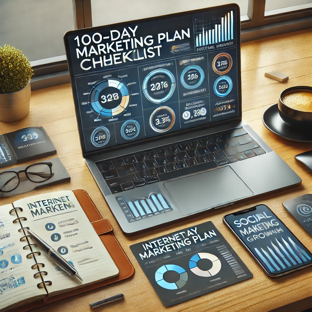 A workspace with a laptop displaying an internet marketing dashboard, surrounded by notes and a to-do list for a 100-day marketing plan. A coffee mug and smartphone with social media notifications add to the scene, symbolizing digital marketing growth.