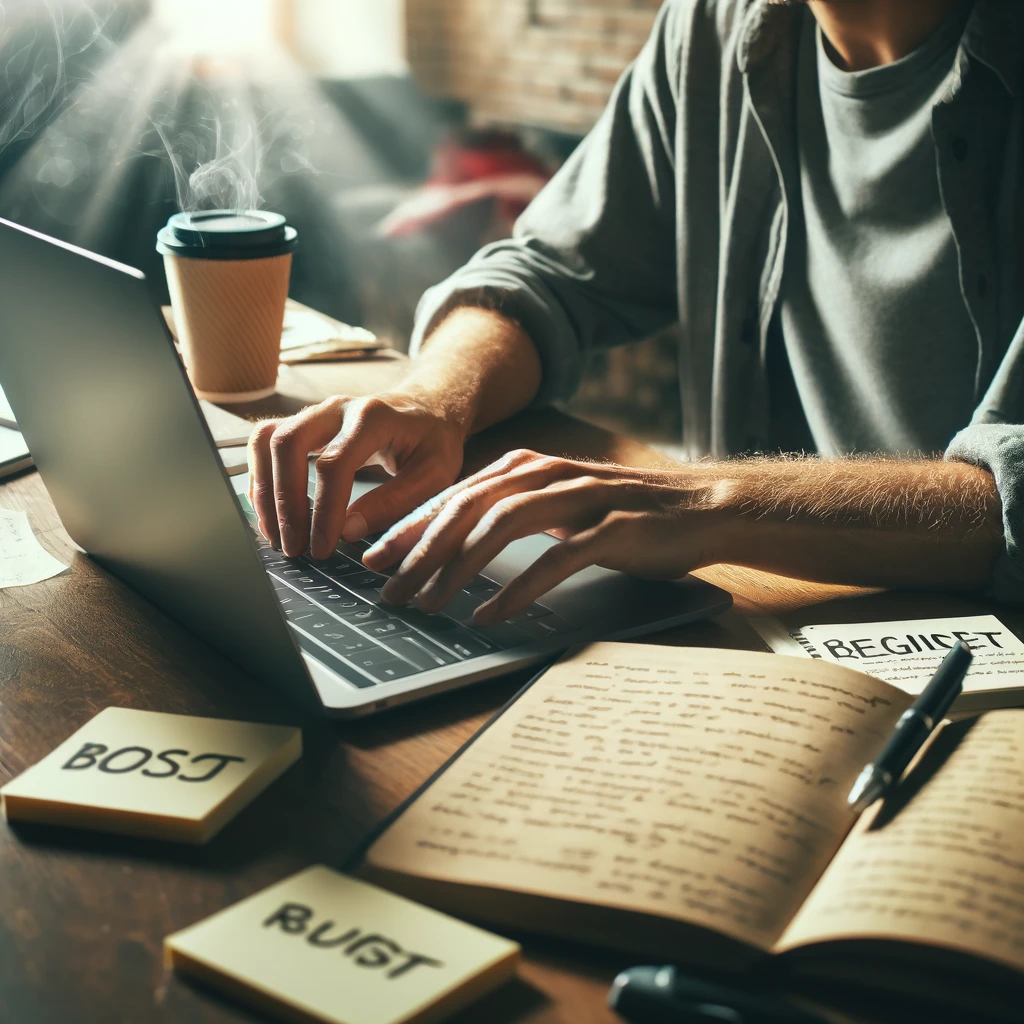 An image of a focused writer typing quickly on a laptop in a cozy, well-lit workspace. A notebook with brainstorming notes and a cup of coffee sit nearby. The atmosphere feels productive and inspiring, capturing the energy of efficient writing.