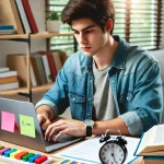 A student studying with colorful notes, a laptop, and a timer, demonstrating effective learning techniques.