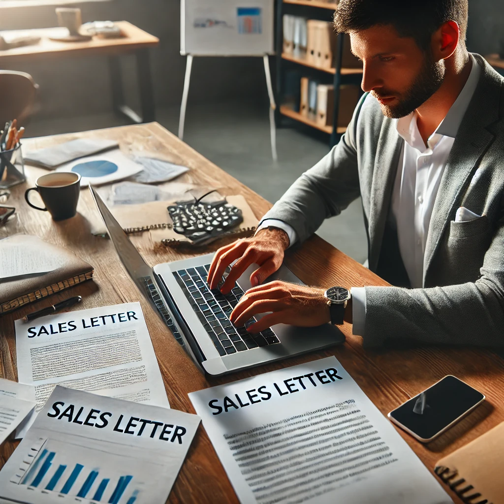 A focused marketer typing a sales letter on a laptop, surrounded by notes, charts, and a coffee cup, representing the process of crafting persuasive sales copy in a professional workspace.