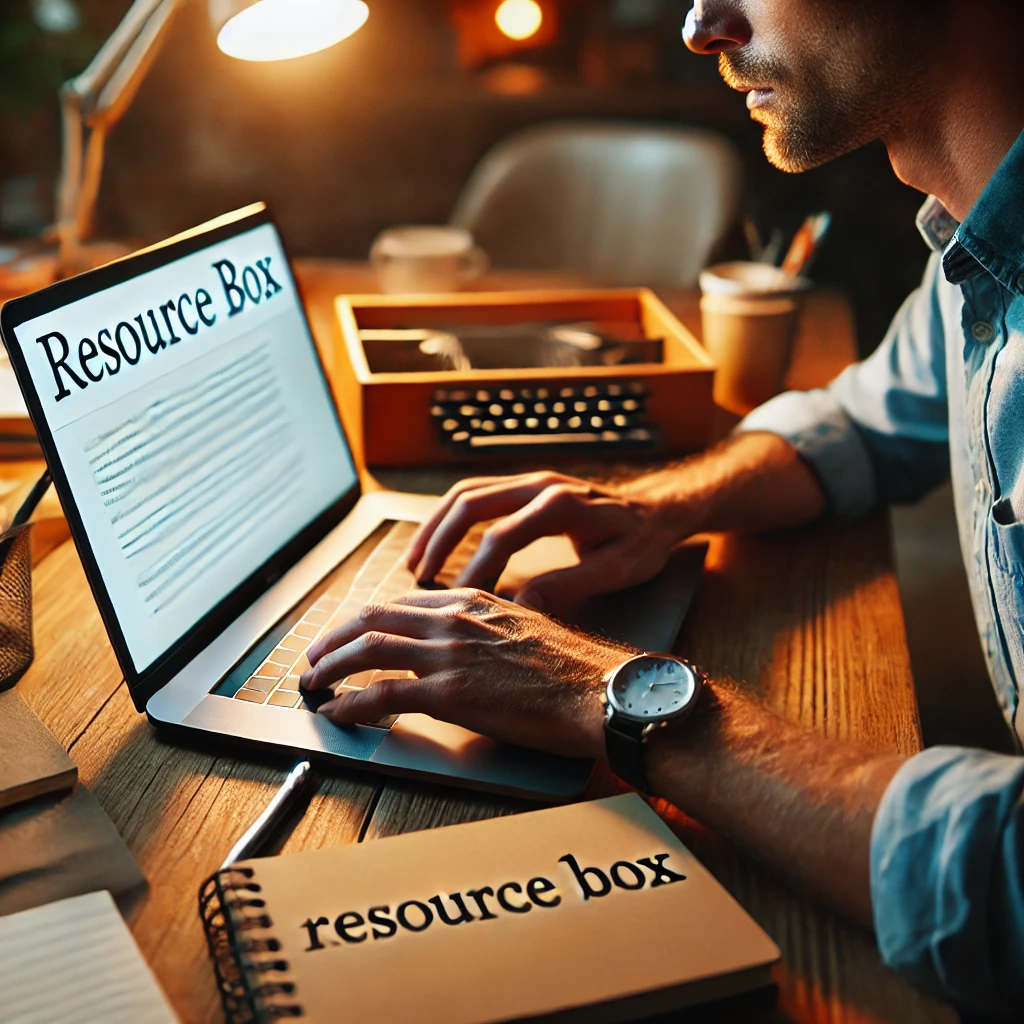 A writer typing on a laptop, refining their resource box with a focused expression, surrounded by notes and a cup of coffee, representing the process of crafting a compelling call-to-action.