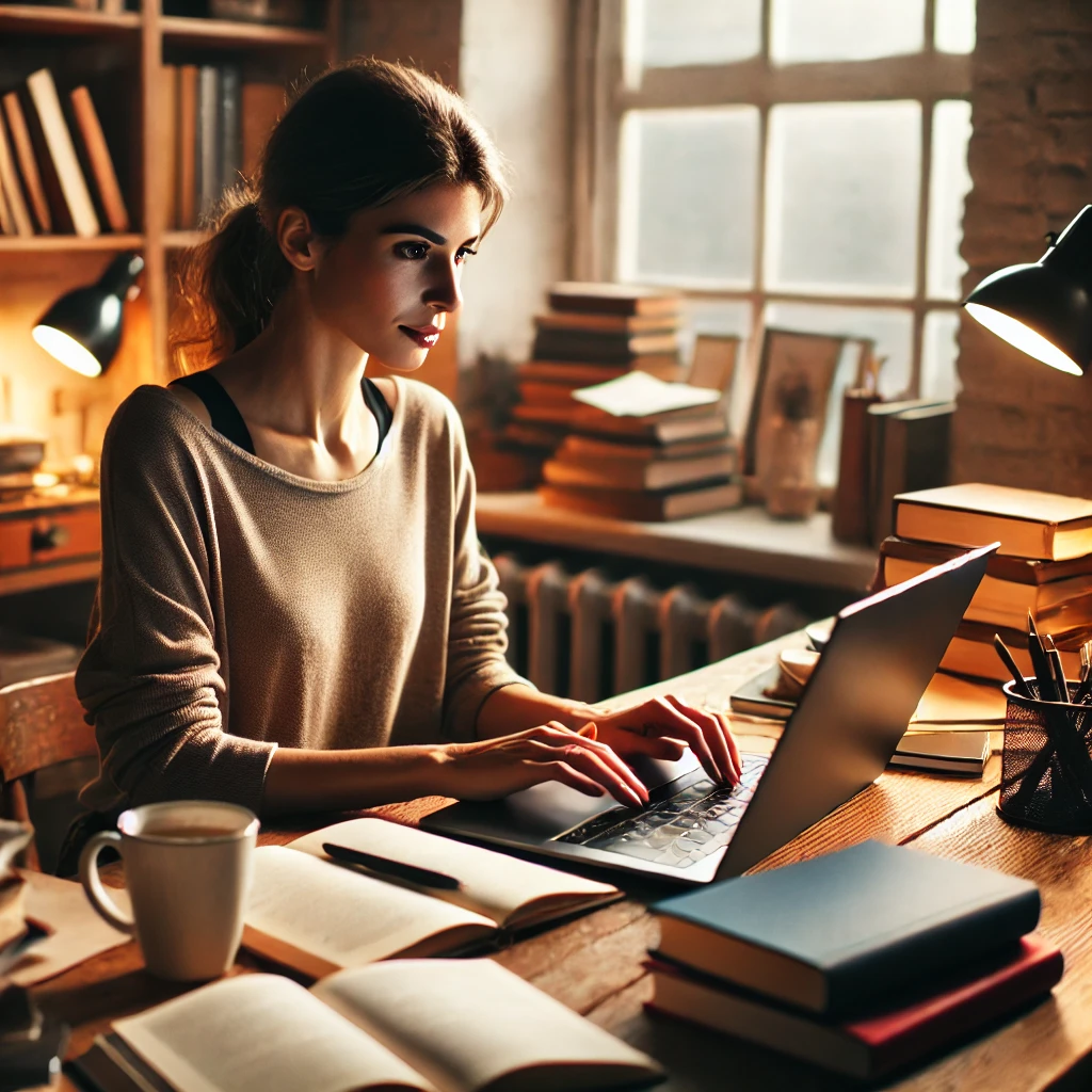 A focused writer typing on a laptop in a cozy home office, surrounded by notebooks, coffee, and stacks of books, representing dedication and productivity in novel writing.