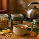 A cozy herbal tea setup with dried herbs in jars, a steaming kettle, and a mug of calming herbal infusion in a warm home kitchen.