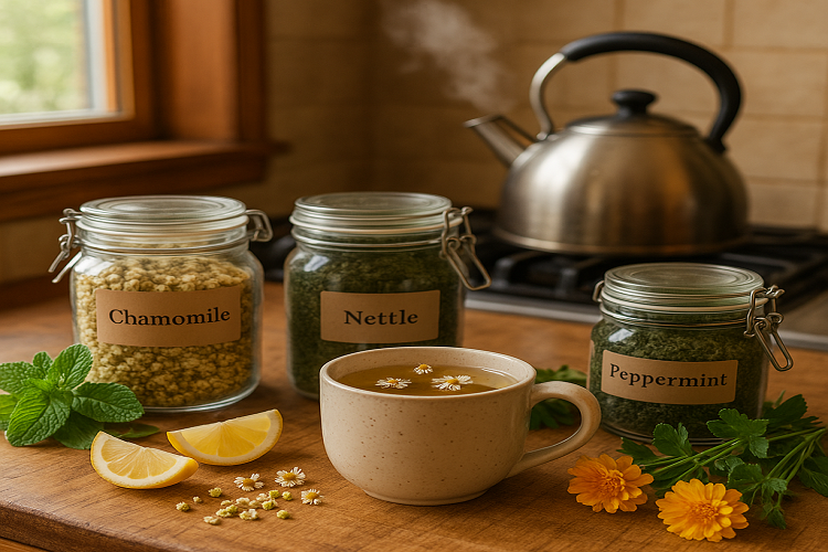 A cozy herbal tea setup with dried herbs in jars, a steaming kettle, and a mug of calming herbal infusion in a warm home kitchen.